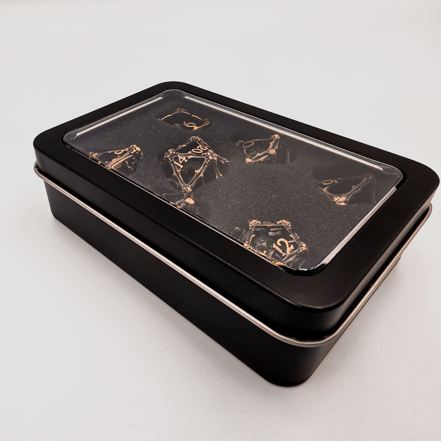 Antique Gold Hollow Metal 3D Skull DND Dice Set