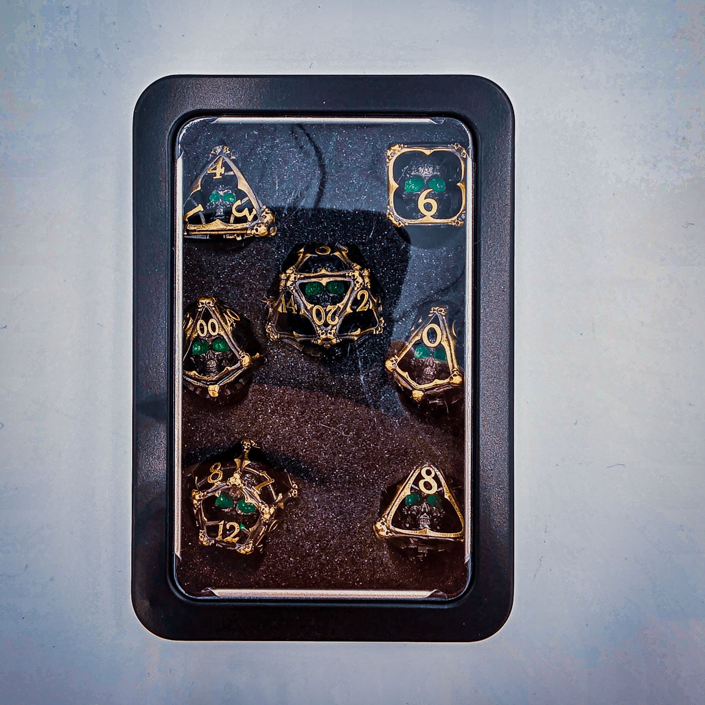 Antique Gold Hollow Metal 3D Skull DND Dice Set