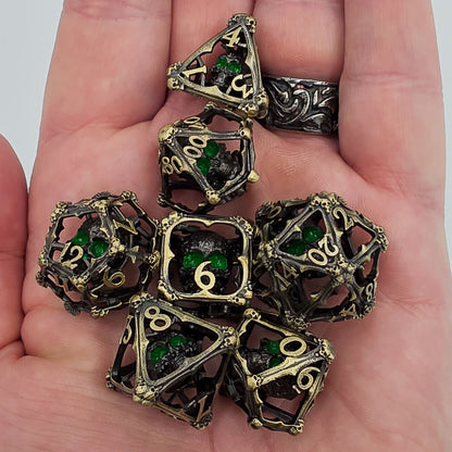 Antique Gold Hollow Metal 3D Skull DND Dice Set