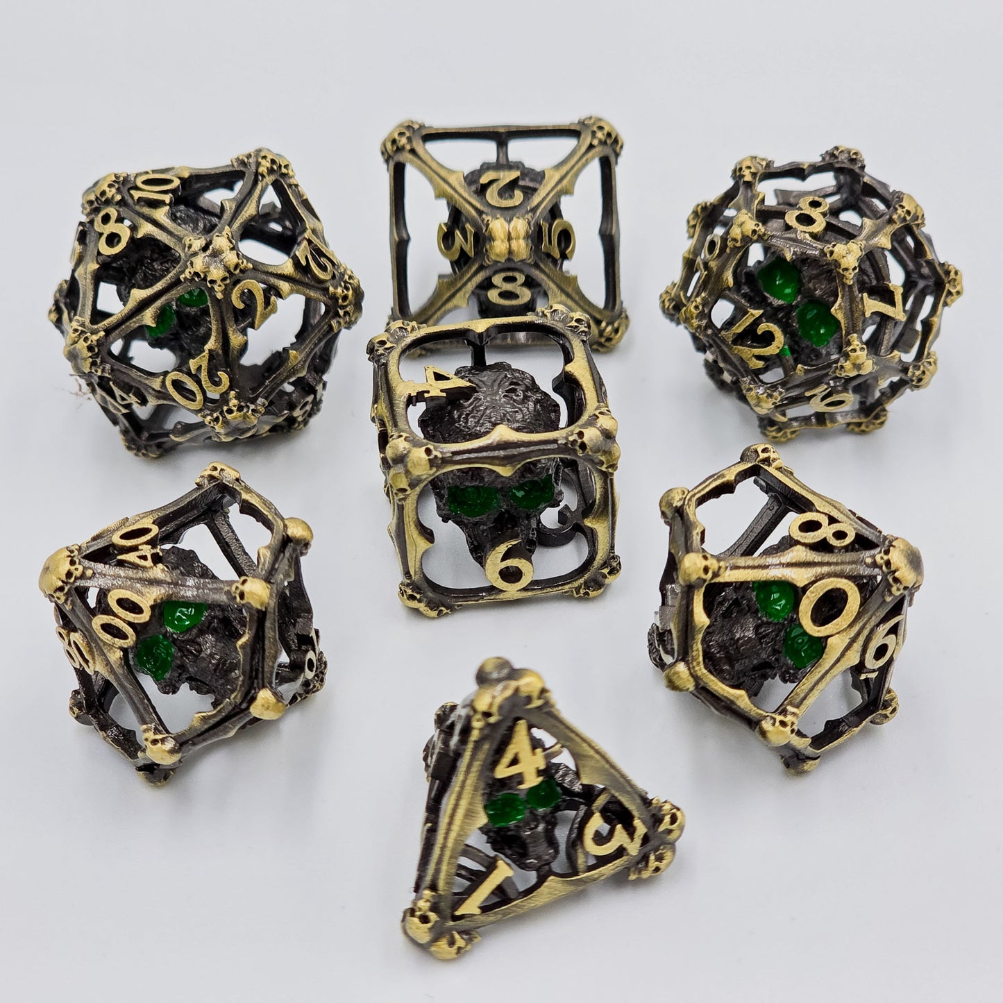Antique Gold Hollow Metal 3D Skull DND Dice Set