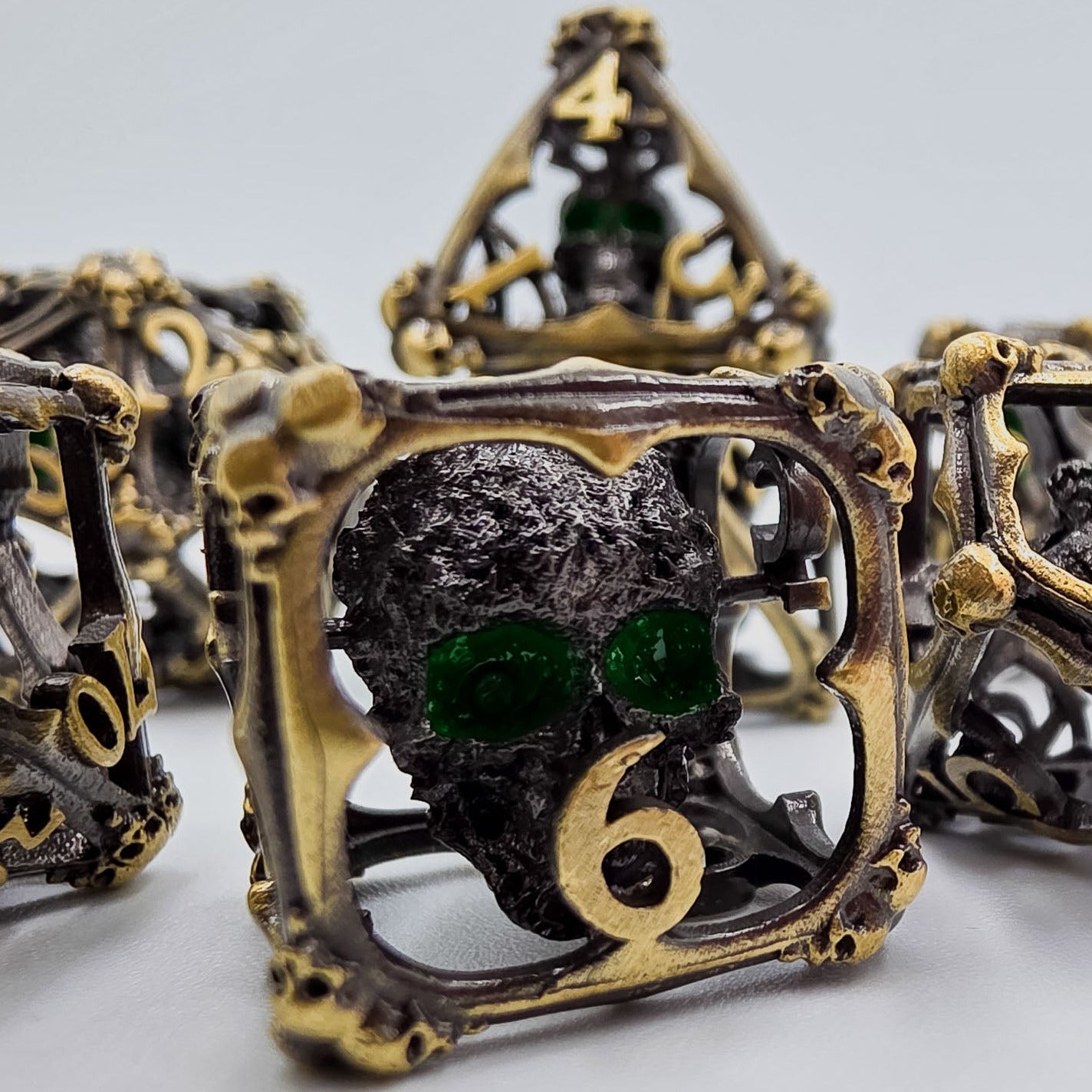 Antique Gold Hollow Metal 3D Skull DND Dice Set