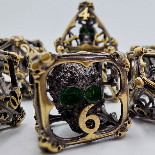 Antique Gold Hollow Metal 3D Skull DND Dice Set