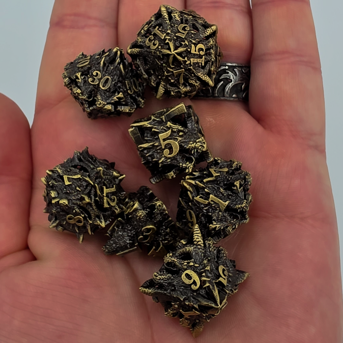 Antique Gold Hollow Metal Dragon Head DND Dice Set