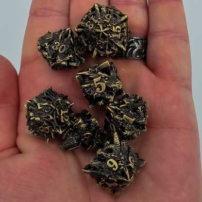 Antique Gold Hollow Metal Dragon Head DND Dice Set