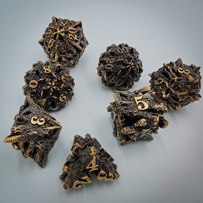 Antique Gold Hollow Metal Dragon Head DND Dice Set