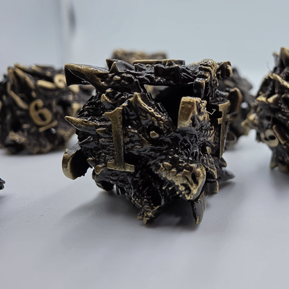 Antique Gold Hollow Metal Dragon Head DND Dice Set