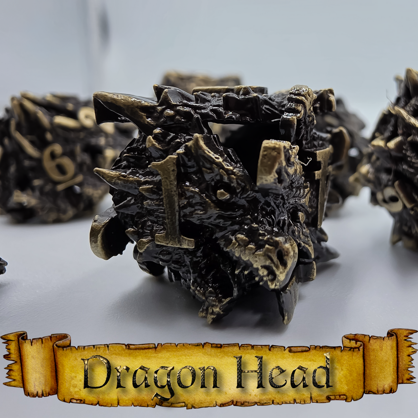 Antique Gold Hollow Metal Dragon Head DND Dice Set