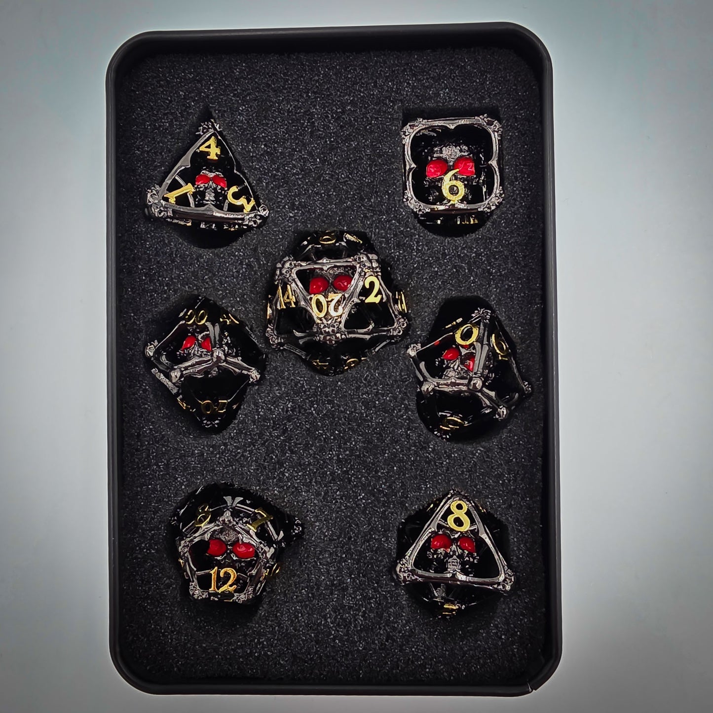 Black & Gold Hollow Metal 3D Skull DND Dice Set