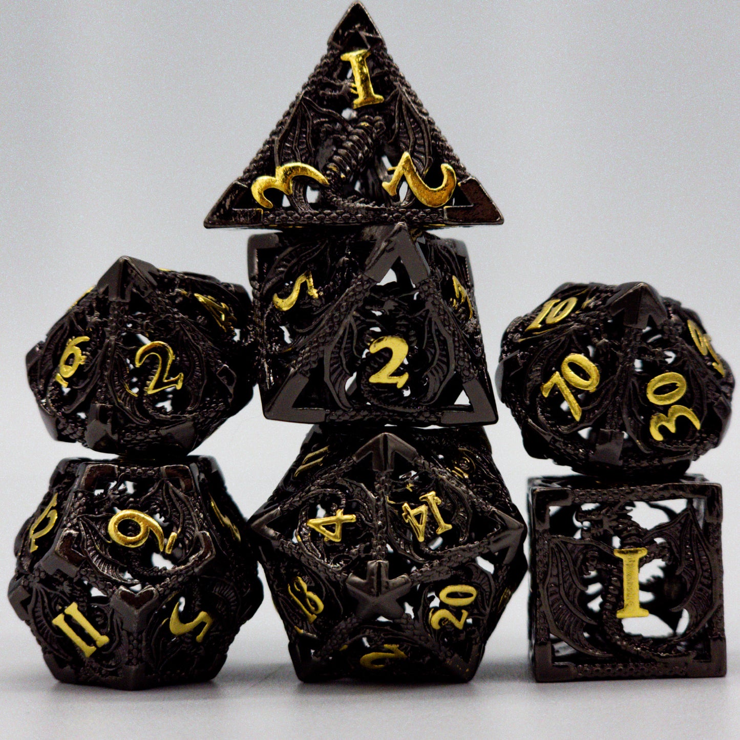 Hollow Metal Black & Gold Dragon DND Dice Set