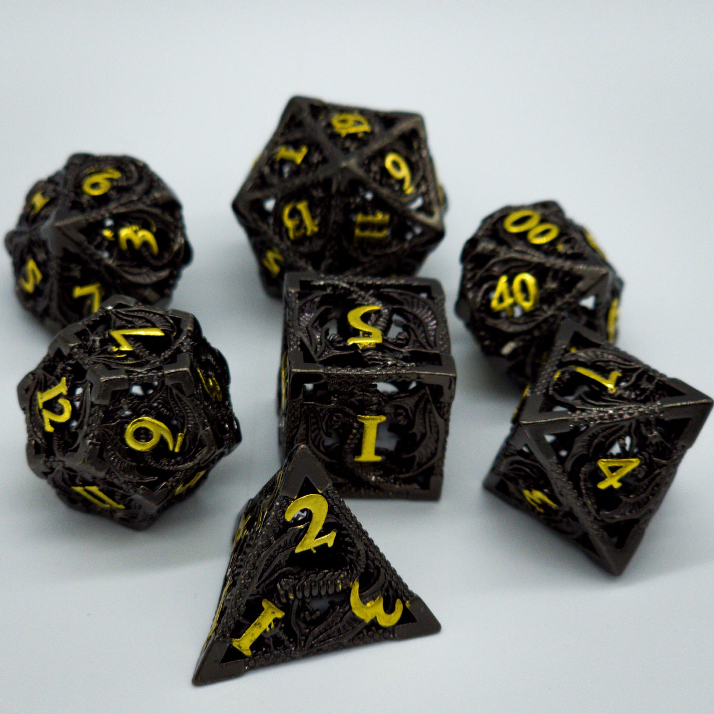 Hollow Metal Black & Gold Dragon DND Dice Set