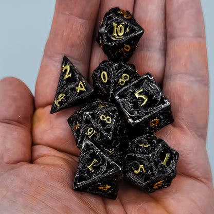 Hollow Metal Black & Gold Dragon DND Dice Set