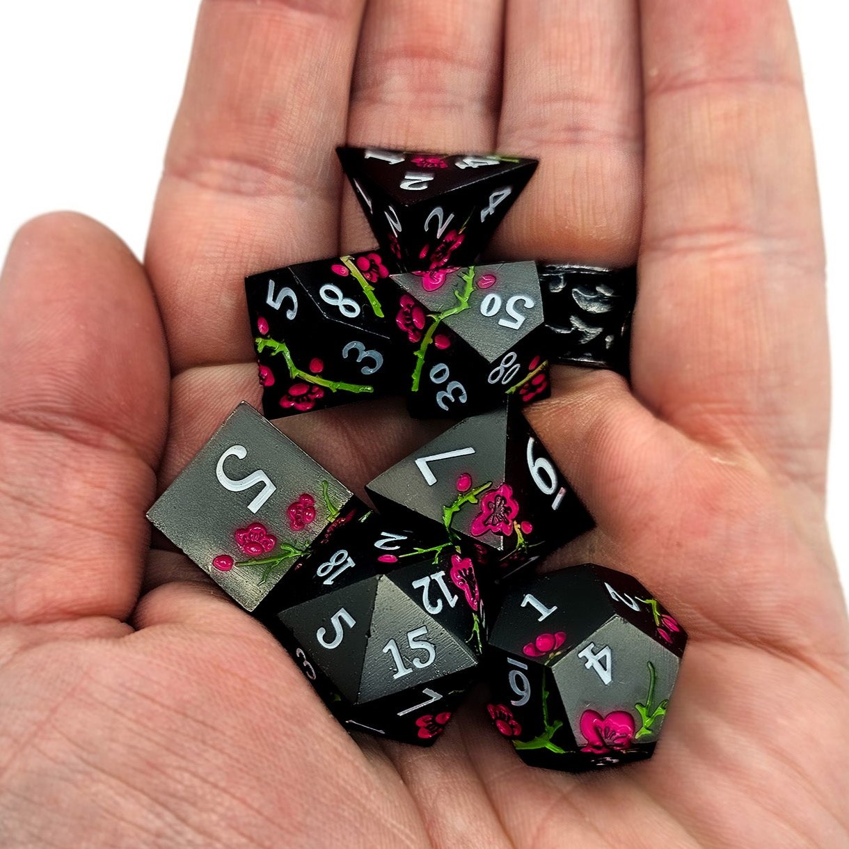 Solid Metal Black Plum Blossom DND Dice Set