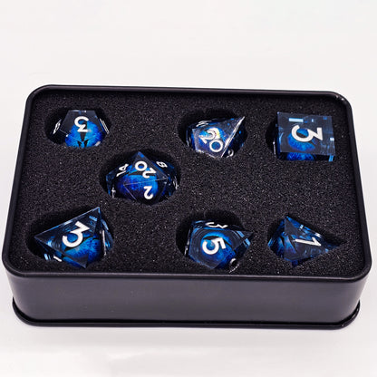 Blue Evil Cat Eye Resin Liquid Core DND Dice Set