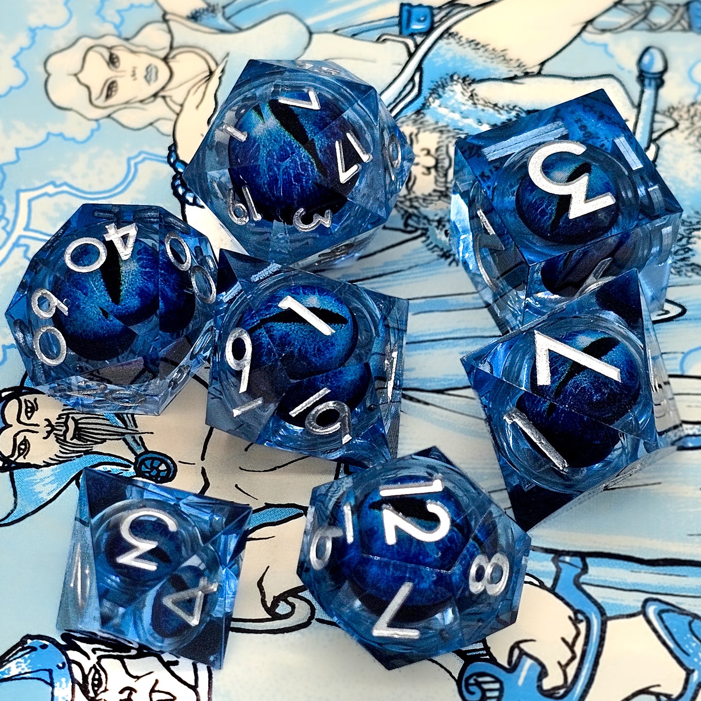 Blue Evil Cat Eye Resin Liquid Core DND Dice Set