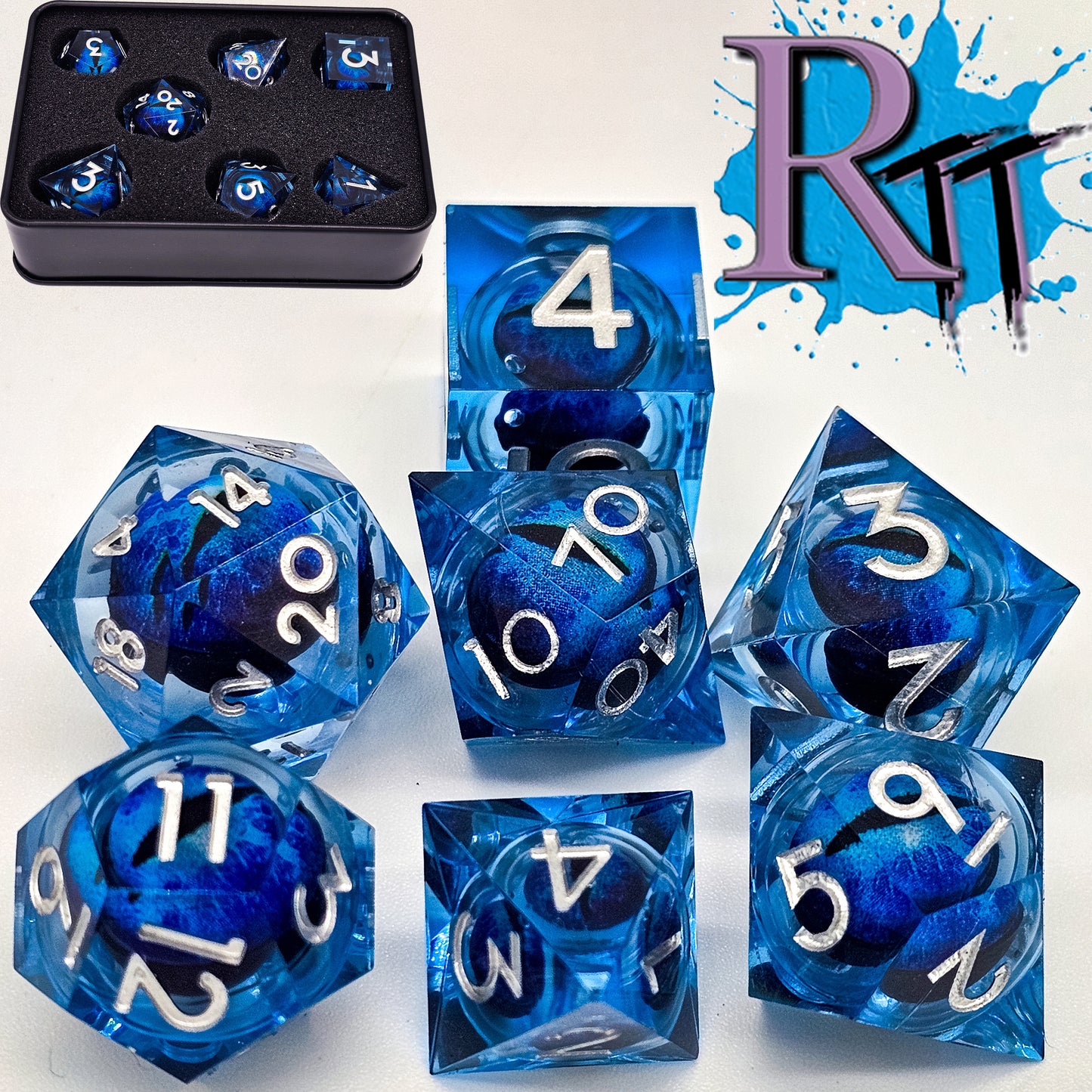 Blue Evil Cat Eye Resin Liquid Core DND Dice Set