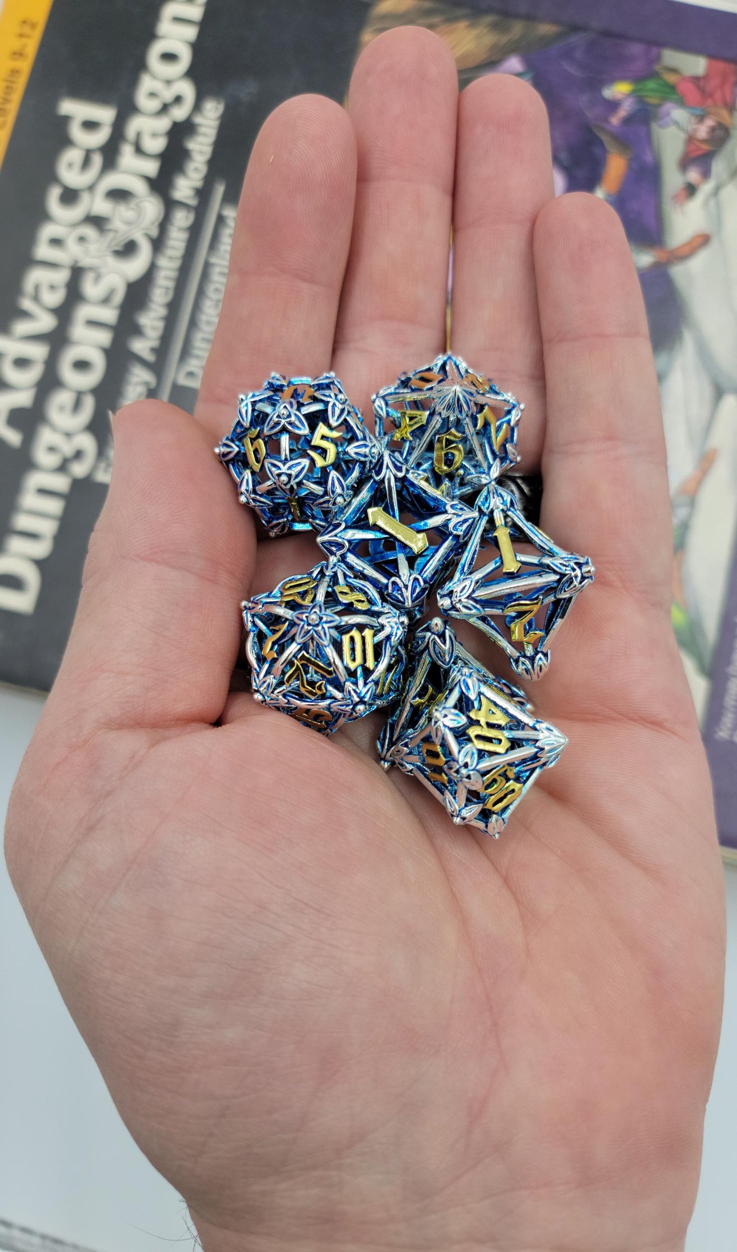 Blue, Silver & Gold Hollow Metal Caltrops Dice