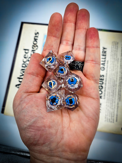 Clear DND Dice Set w/ Blue Evil Eye Resin Liquid Core