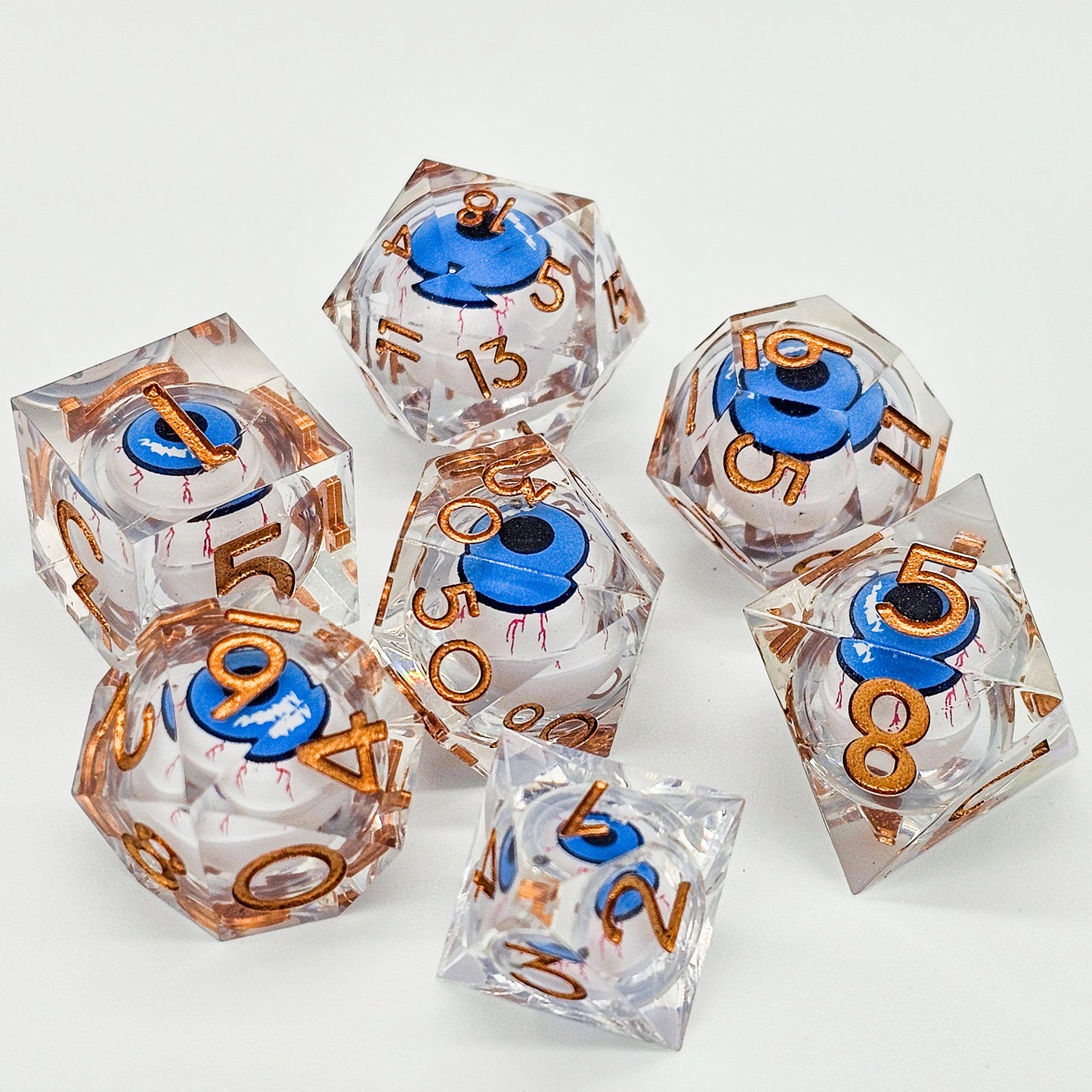 Clear DND Dice Set w/ Blue Evil Eye Resin Liquid Core