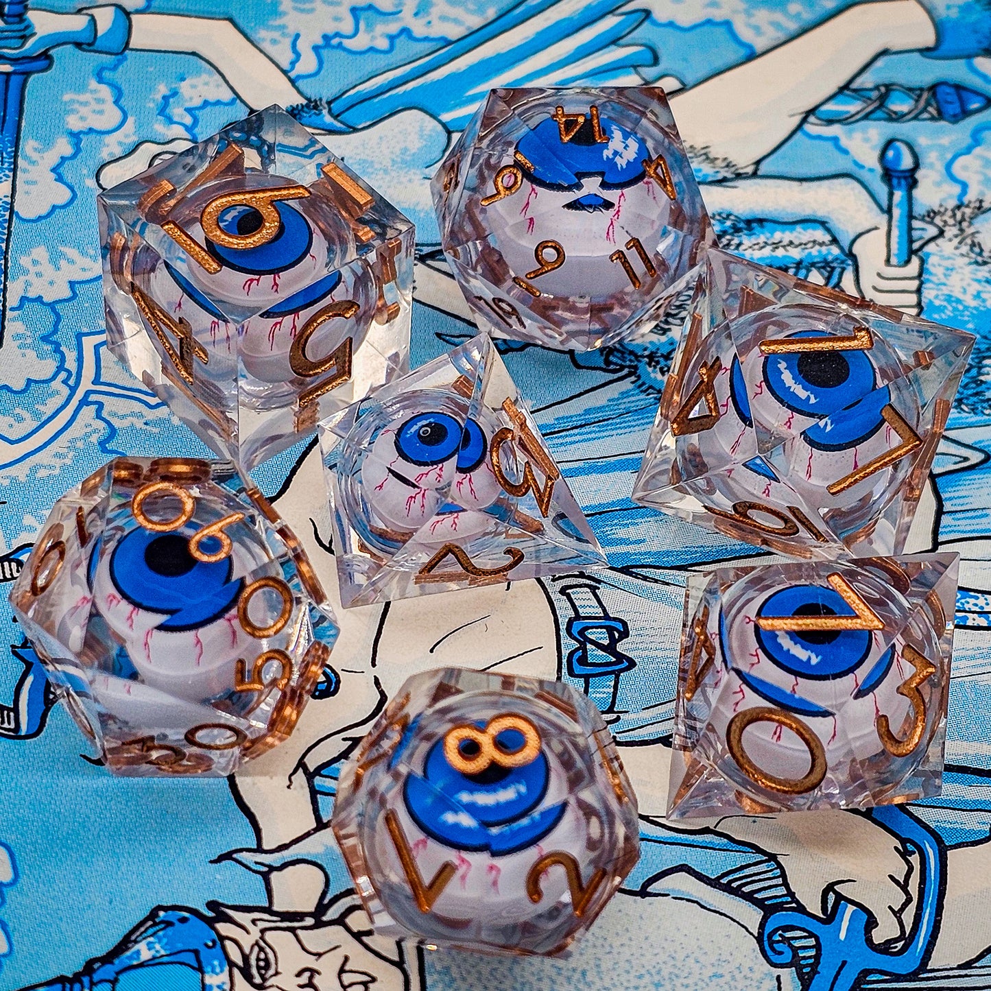 Clear DND Dice Set w/ Blue Evil Eye Resin Liquid Core