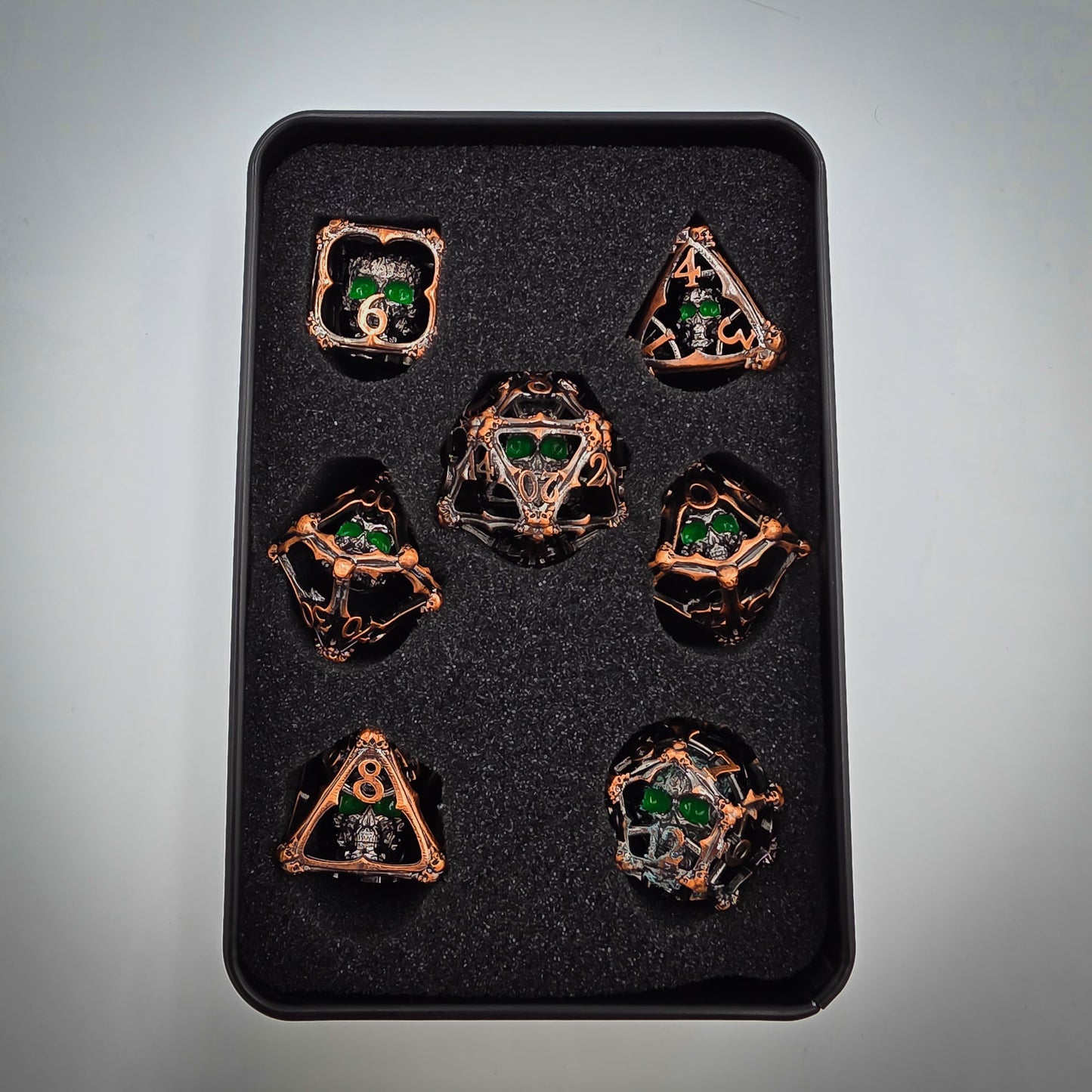 Copper Hollow Metal 3D Skull DND Dice Set