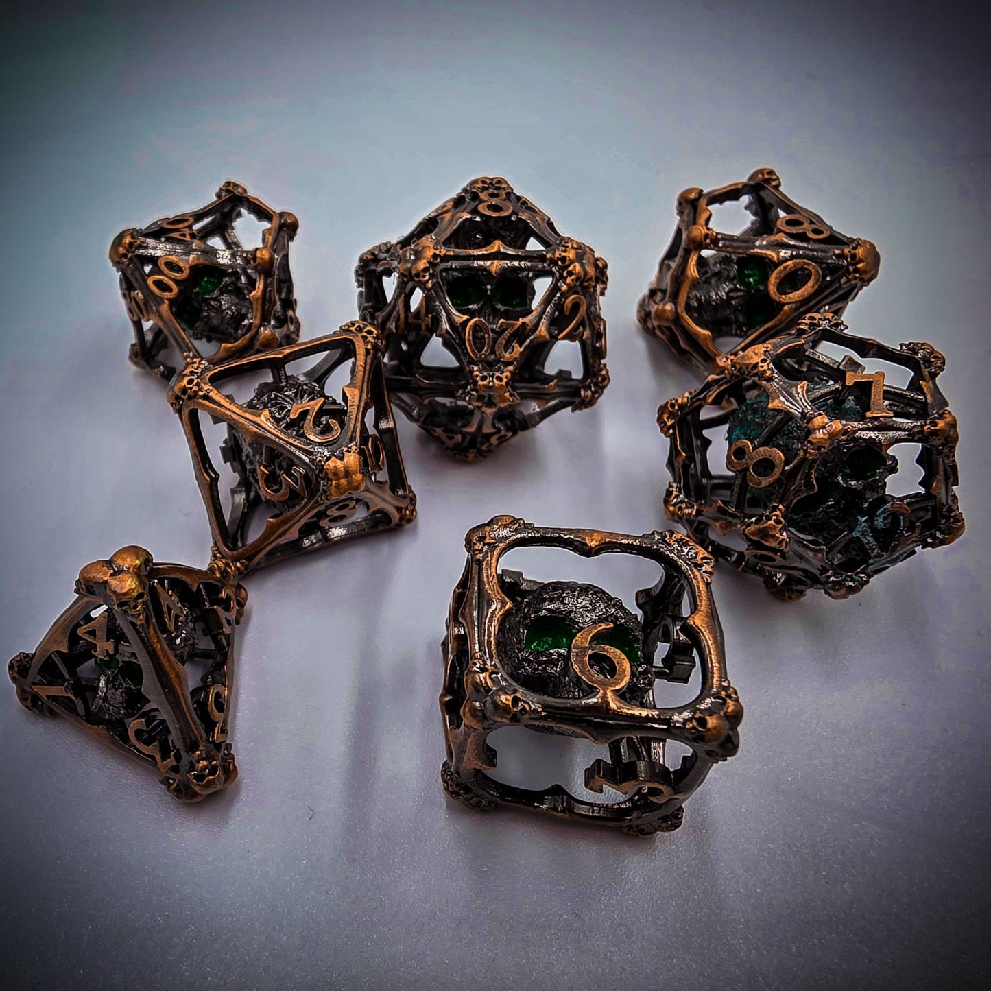 Copper Hollow Metal 3D Skull DND Dice Set