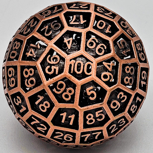 close up shot of a Red Copper Hollow Metal D100 DND Dice