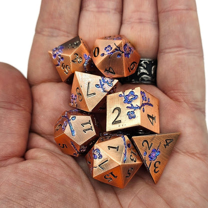 Copper Color 7 Piece DND Dice Set with Blue Plum Blossoms