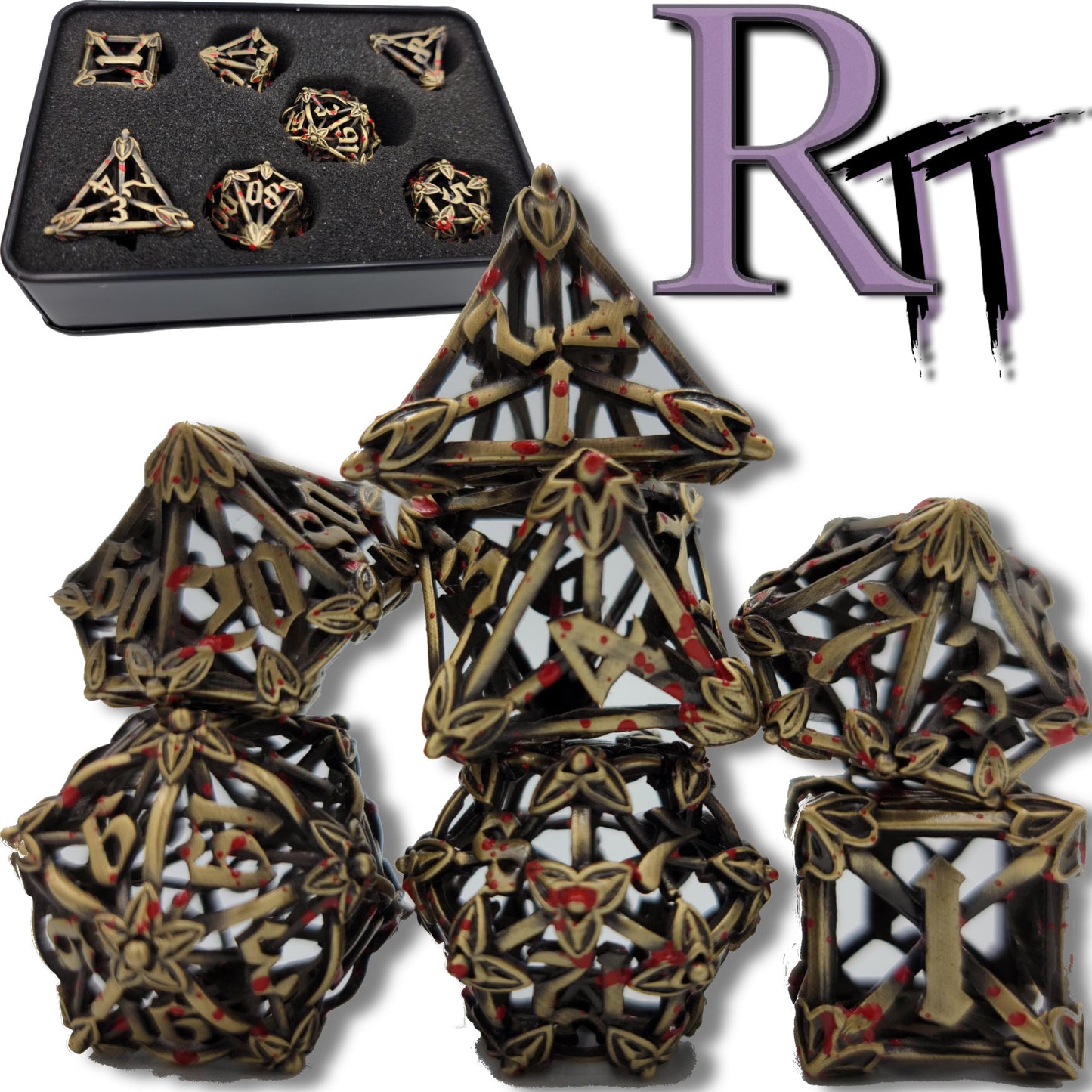 Ancient Gold w/ Blood Splatter Hollow Metal Caltrops Dice