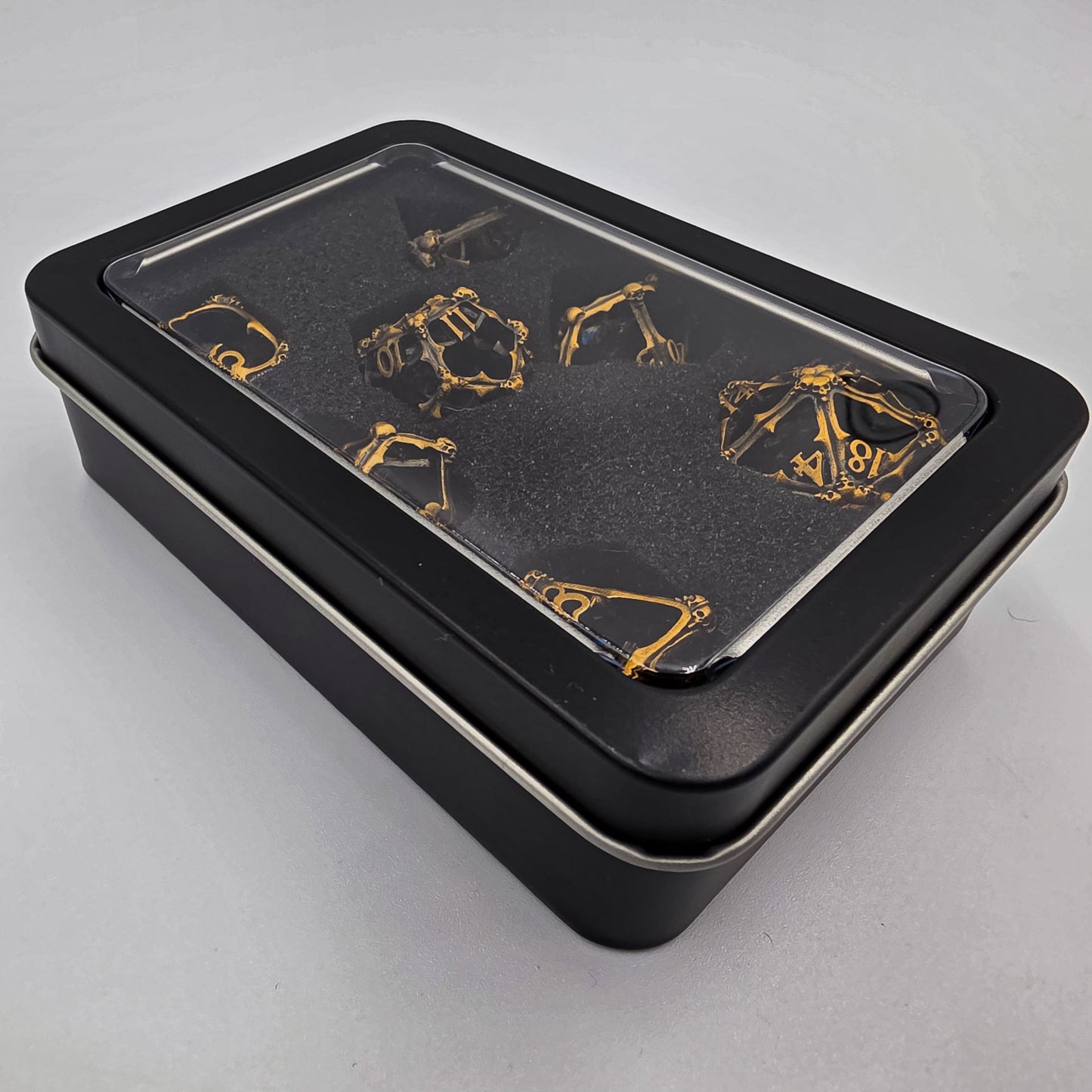 Antique Gold Hollow Metal 3D Skull DND Dice Set