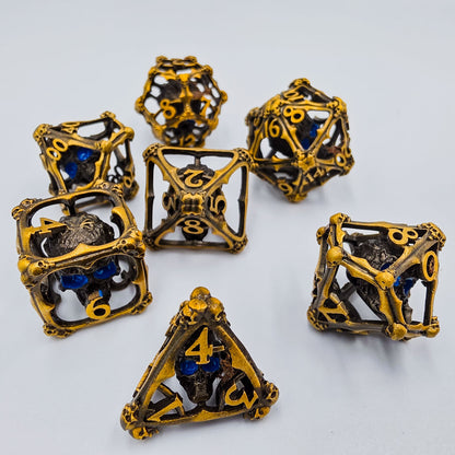 Antique Gold Hollow Metal 3D Skull DND Dice Set