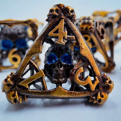 Antique Gold Hollow Metal 3D Skull DND Dice Set