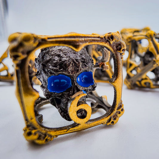 Antique Gold Hollow Metal 3D Skull DND Dice Set