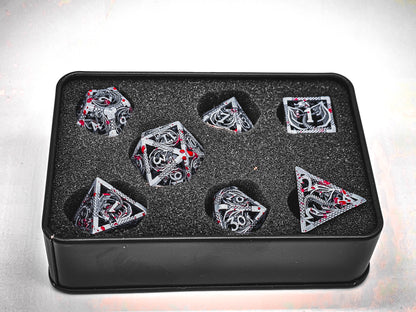 Hollow Metal Grey Blood Splatter Dragon DND Dice Set