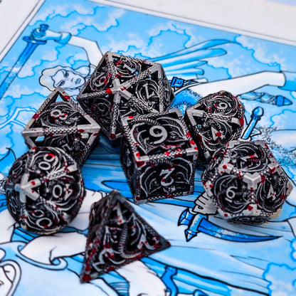 Hollow Metal Grey Blood Splatter Dragon DND Dice Set