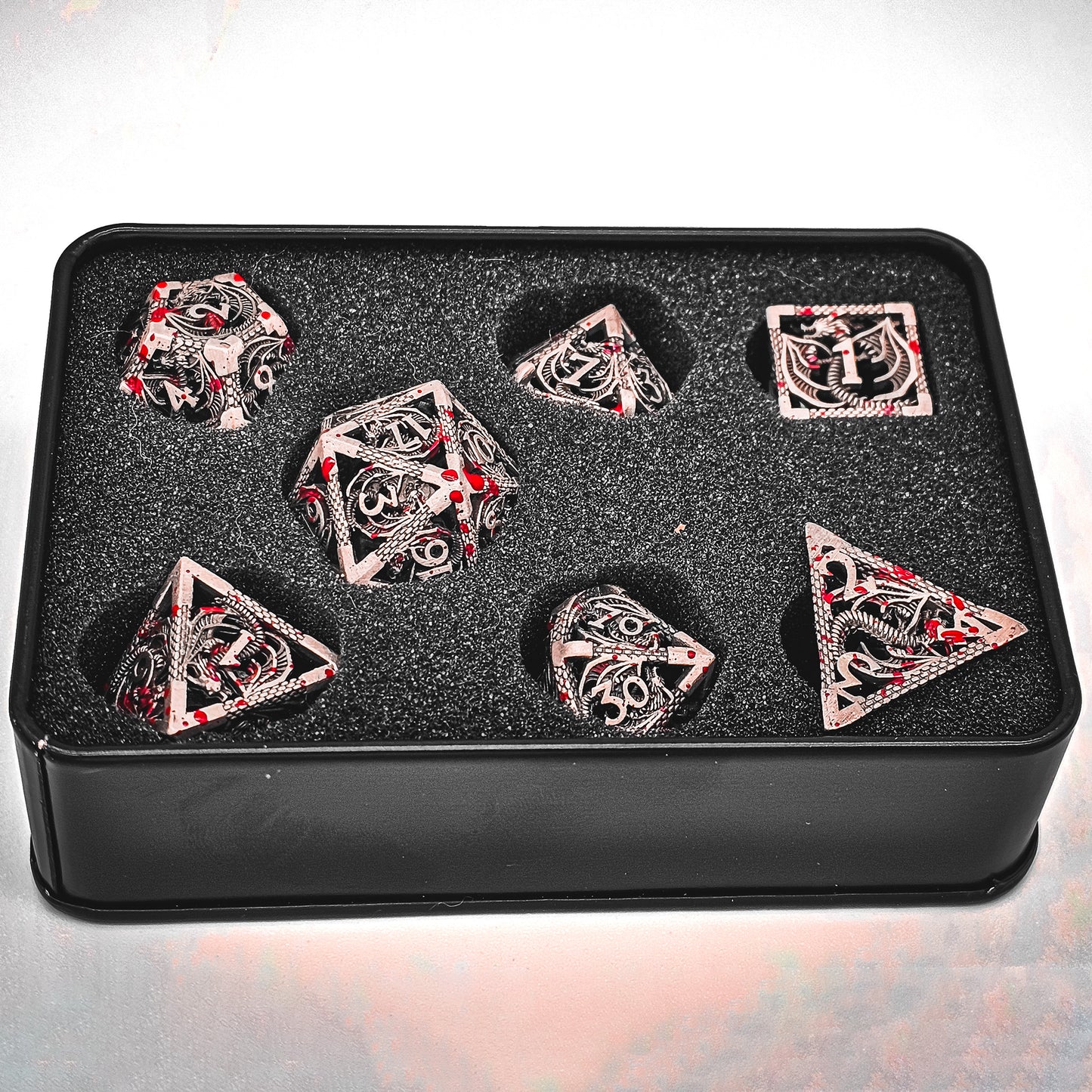Hollow Metal Grey Blood Splatter Dragon DND Dice Set