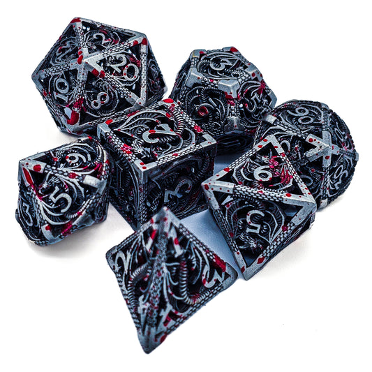 Hollow Metal Grey Blood Splatter Dragon DND Dice Set