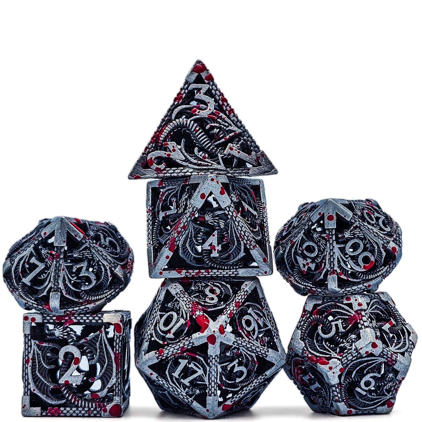 Hollow Metal Grey Blood Splatter Dragon DND Dice Set