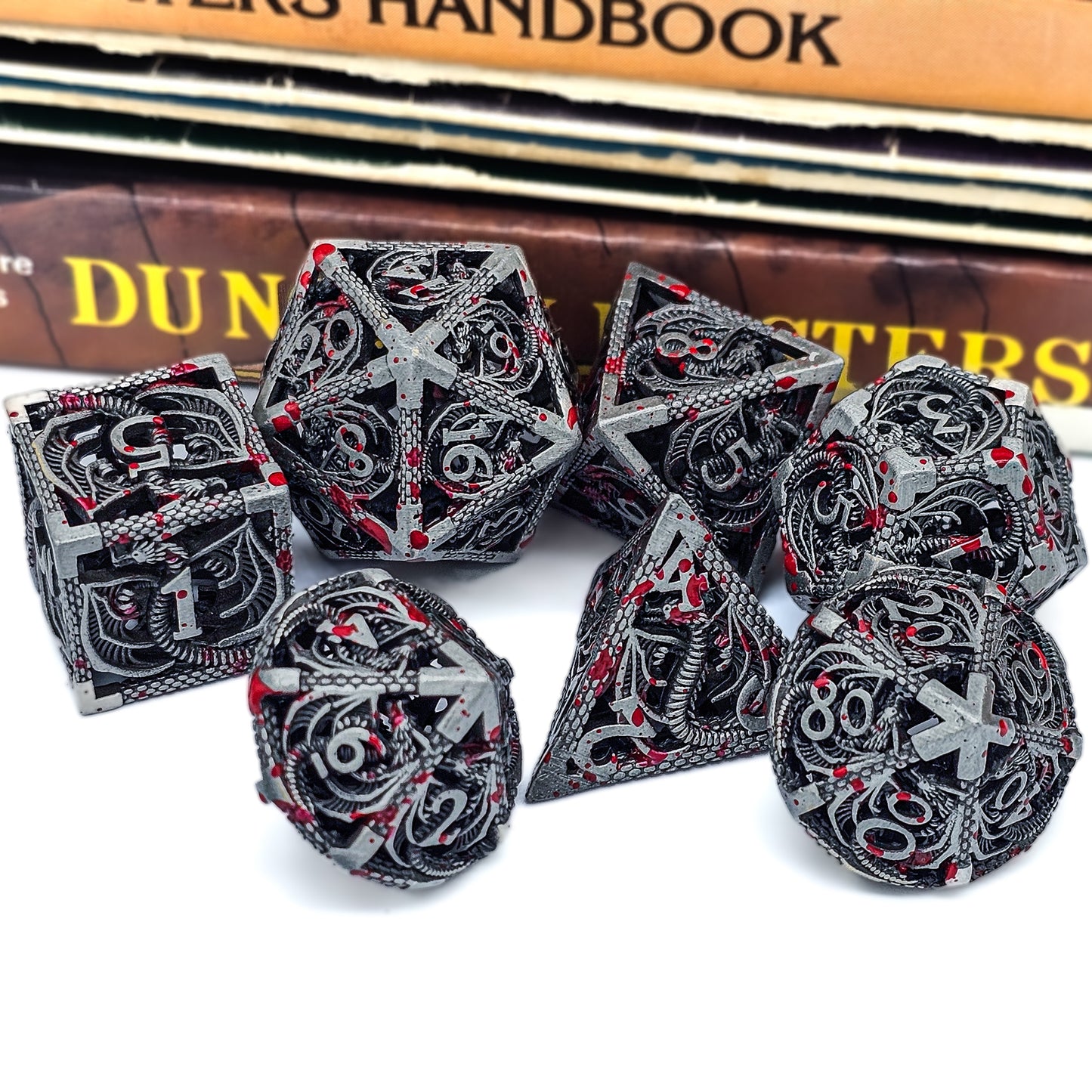 Hollow Metal Grey Blood Splatter Dragon DND Dice Set