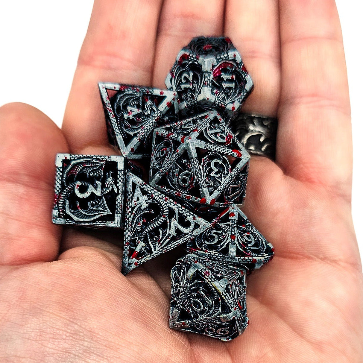 Hollow Metal Grey Blood Splatter Dragon DND Dice Set