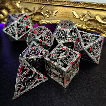 Hollow Metal Grey Blood Splatter Dragon DND Dice Set