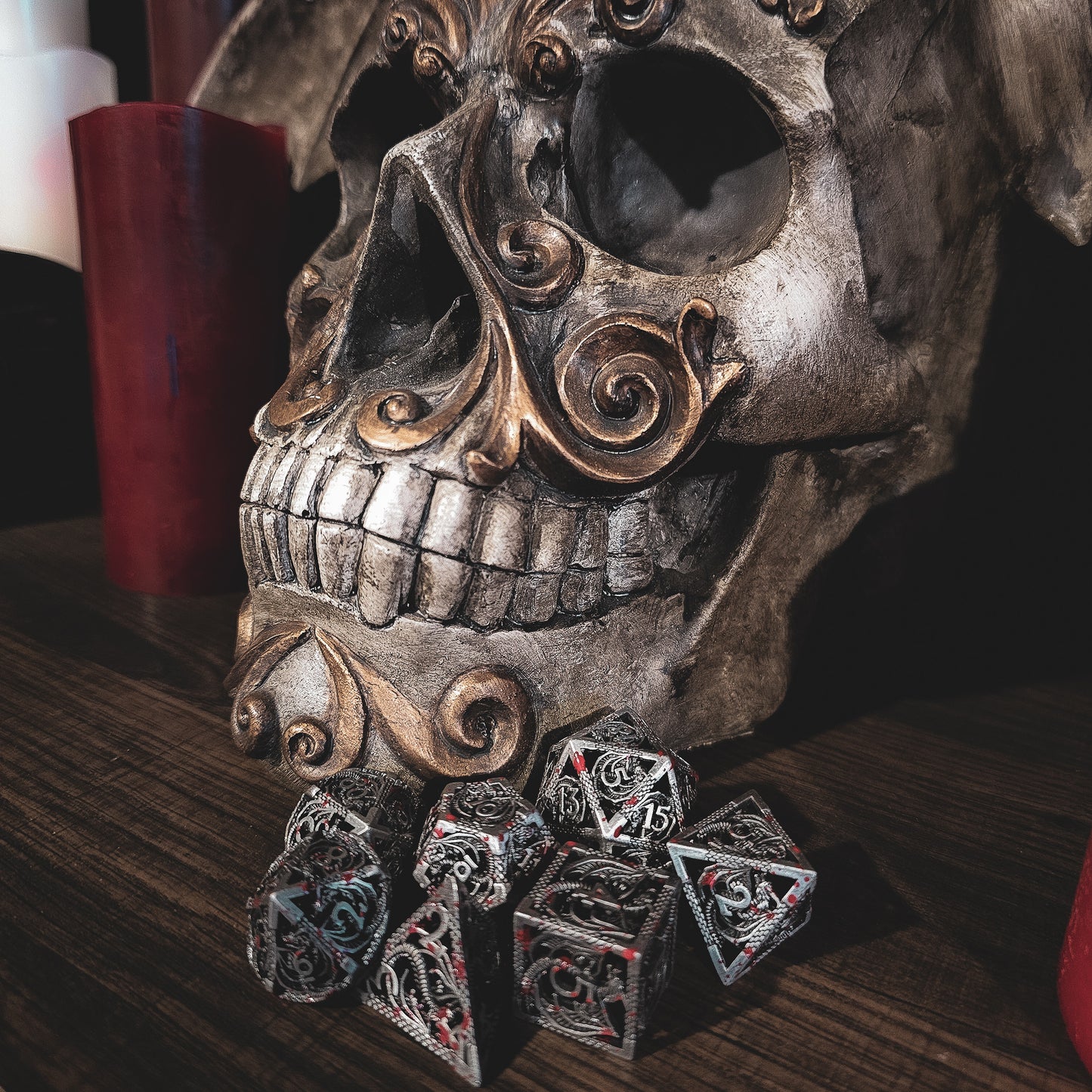 Hollow Metal Grey Blood Splatter Dragon DND Dice Set