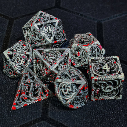 Hollow Metal Grey Blood Splatter Dragon DND Dice Set