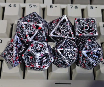 Hollow Metal Grey Blood Splatter Dragon DND Dice Set