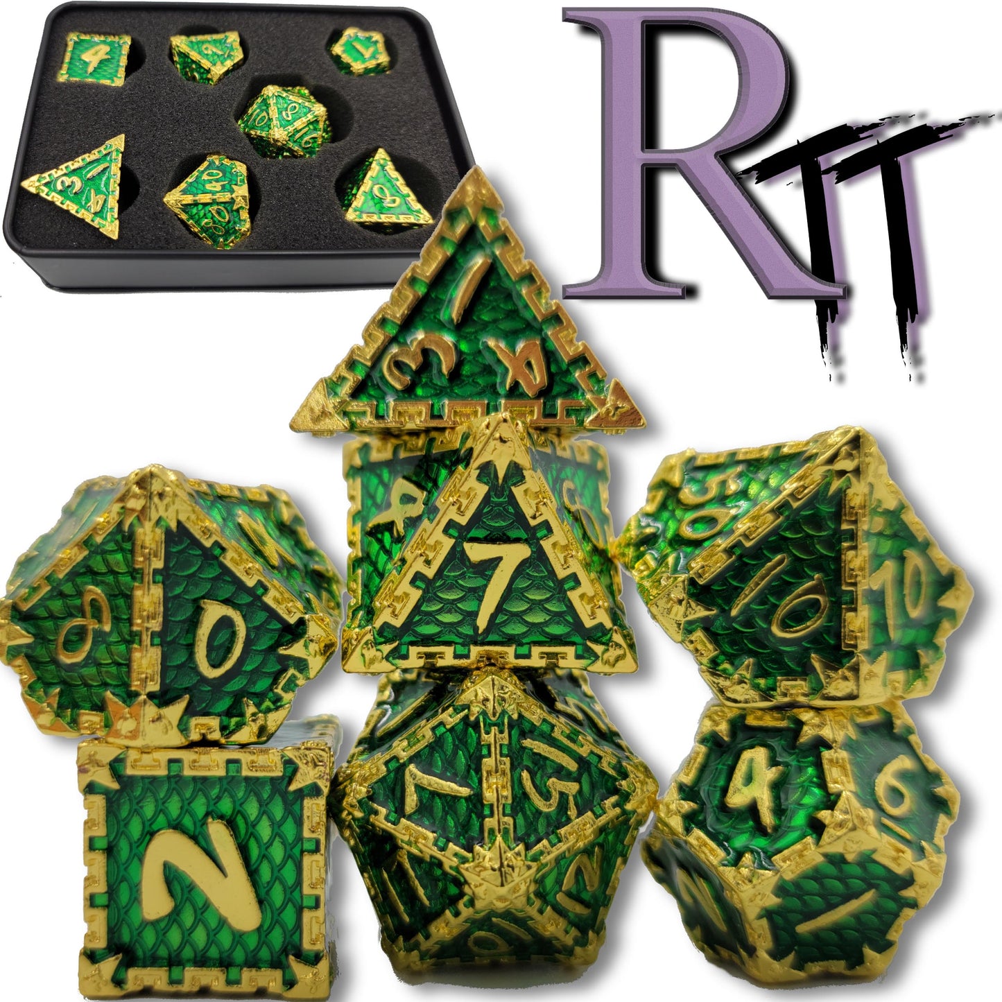 Green & Gold Dragon Scale Metal 7 Piece D&D Dice Set + Metal Box