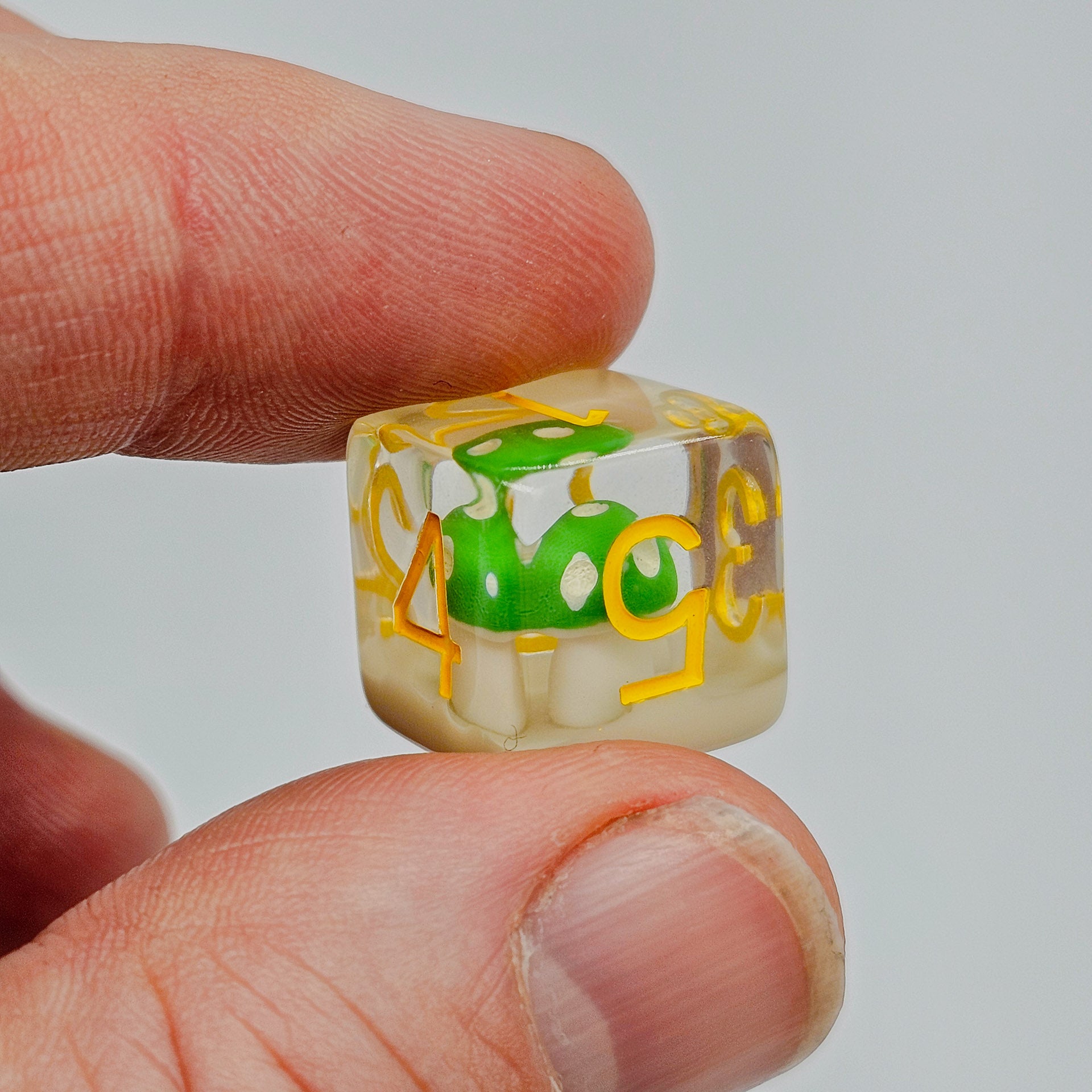 Close up shot of a transparent resin cube DND Dice with green mushrooms inside being held up to the camera in between someone fingers.