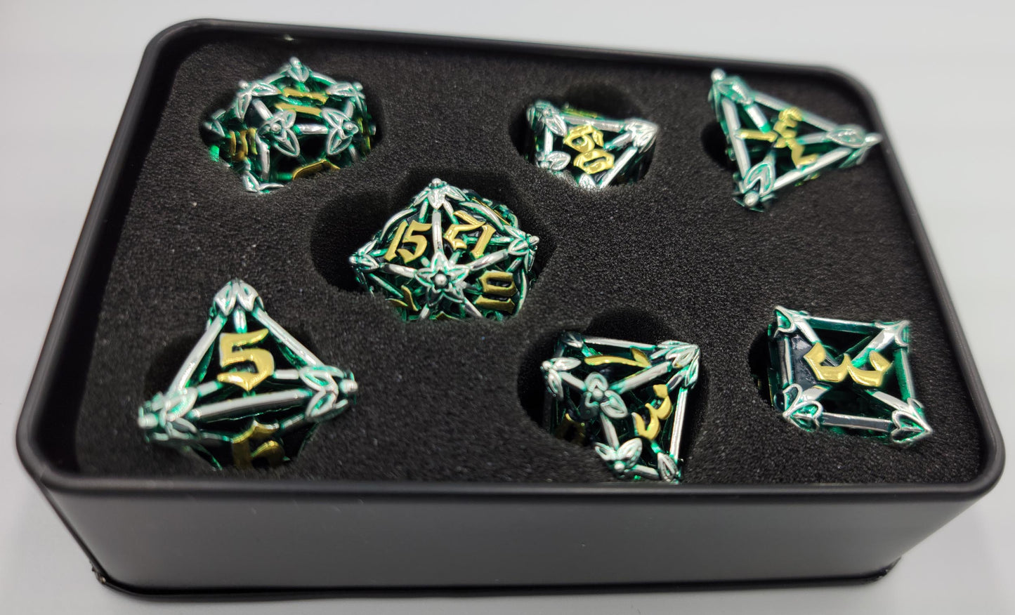 Green, Silver & Gold Hollow Metal Caltrops Dice