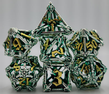 Green, Silver & Gold Hollow Metal Caltrops Dice