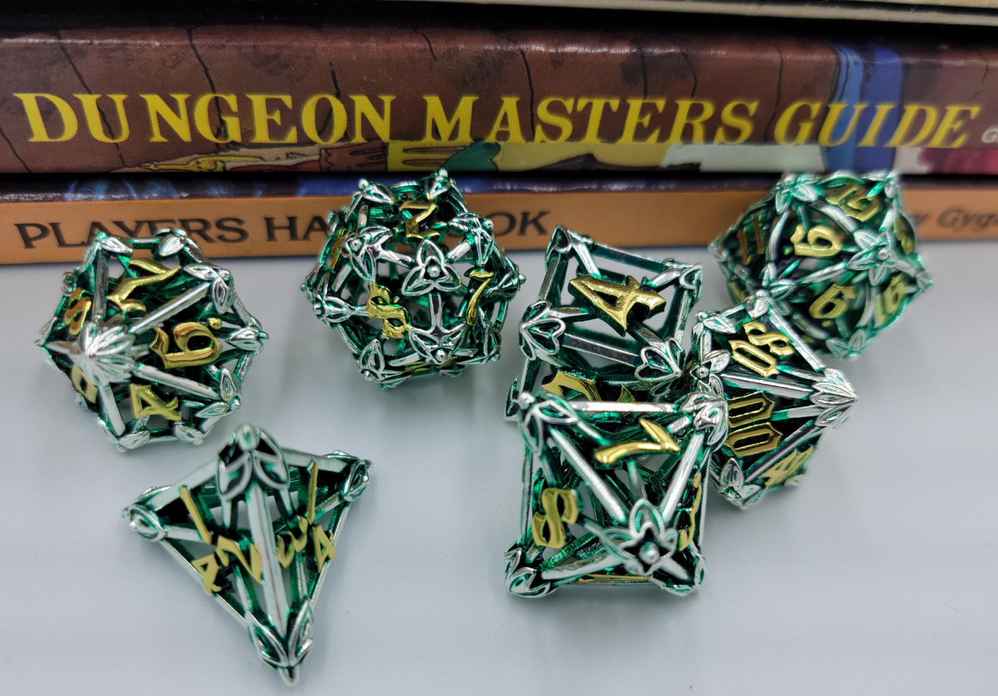 Green, Silver & Gold Hollow Metal Caltrops Dice