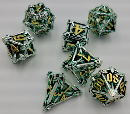 Green, Silver & Gold Hollow Metal Caltrops Dice