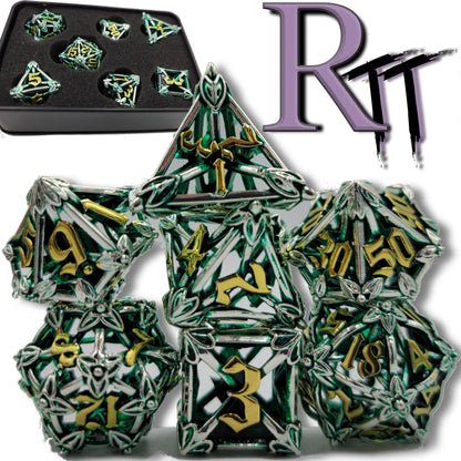 Green, Silver & Gold Hollow Metal Caltrops Dice